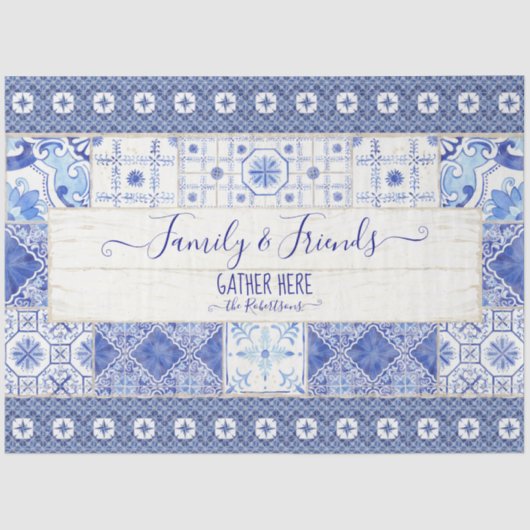 Farmhouse Tile Blue White Familie verzamelt ontkop Tissuepapier (Voorkant)