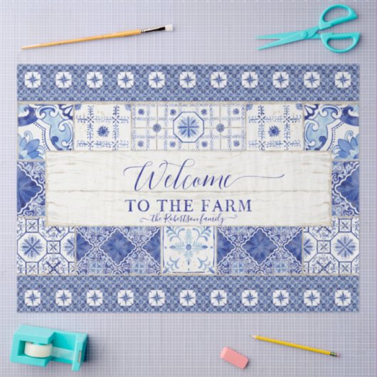 Farmhouse Tile Blue White Rustic Wood Decoupage Tissuepapier (Craft)