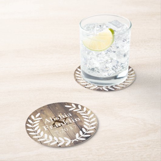 Farmhouse White Laurels Bride & Groom Weddenschap  Ronde Kartonnen Onderzetter (Insitu)