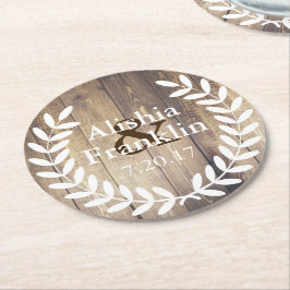 Farmhouse White Laurels Bride & Groom Weddenschap  Ronde Kartonnen Onderzetter