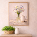 Farmhouse Wildflower Jar and Ceramic Pitcher Poster<br><div class="desc">This farmhouse wildflower canvas wall art features a soft bouquet of daisies, lavender, and delicate pink flowers arranged in a clear glass jar beside a classic white ceramic pitcher. The warm rustic wooden table and gentle natural lighting create a peaceful cottage inspired scene. Perfect for farmhouse kitchens, dining rooms, bedrooms,...</div>
