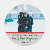 Farmhouse Wood Eerste Kerstmis Foto Meta Metalen Ornament (Voorkant)