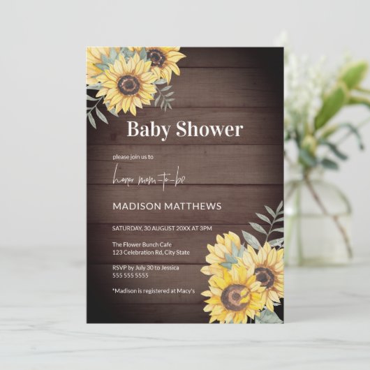 Farmhouse Wood Sunflower Baby shower Kaart (Staand voorkant)