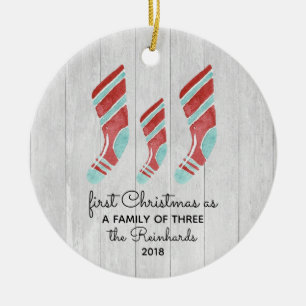 Farmhouse Woodsy Stocking New Baby Family of Three Keramisch Ornament