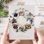 Farmhouse Wreath | Fotocollage Folie Feestdagenkaart<br><div class="desc">Een feestelijke vakantiekaart met acht van uw favoriete foto's die zijn geplaatst in een rond vormig ontwerp dat is voorzien van een groene waterverf, dennenaaltjes en rode holly-bessen op een warme witte achtergrond. "Joy" wordt in het midden weergegeven in feestelijke gouden folie, handgeschreven penseelscripttypografie met letters. Pas dit unieke kleurenontwerp...</div>
