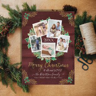 Farmhouse Wreath kerstfoto Rustic Burgundy Feestdagenkaart