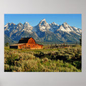 Farms Barn Shadowed by Snow Capped Mountains Poster (Voorkant)
