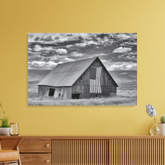 Farms | BW American Flag Barn Scene Canvas Afdruk (Insitu (Woonkamer))