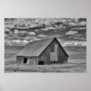 Farms   BW American Flag Barn Scene Poster