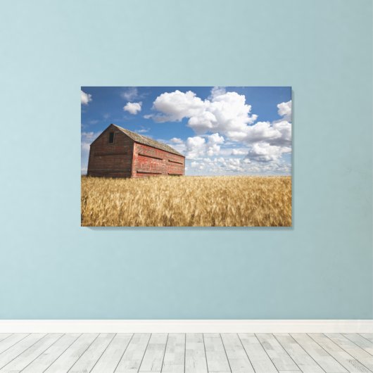 Farms | Old Red Barn in Wheat Field Canvas Afdruk (Insitu (Houten vloer))