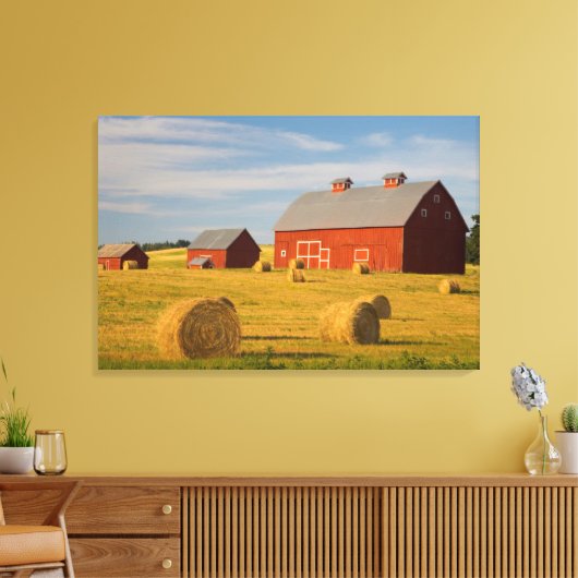 Farms Red Barns Near Hay Bales Canvas Afdruk (Insitu (Woonkamer))