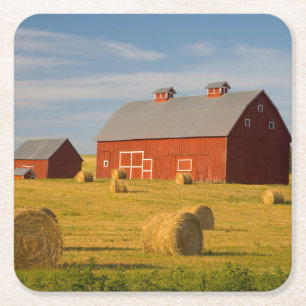 Farms Red Barns Near Hay Bales Kartonnen Onderzetters