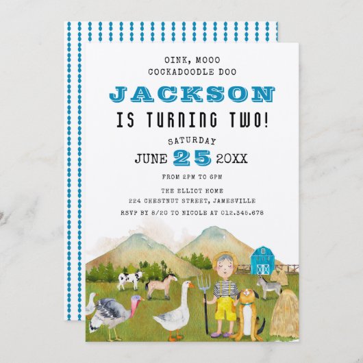 Farmyard Animals en Boy 2e verjaardag Kaart (Voorkant / Achterkant)