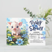 Farmyard Fun Pig Blue Baby shower Kaart (Staand voorkant)