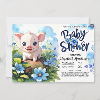 Farmyard Fun Pig Blue Baby shower Kaart