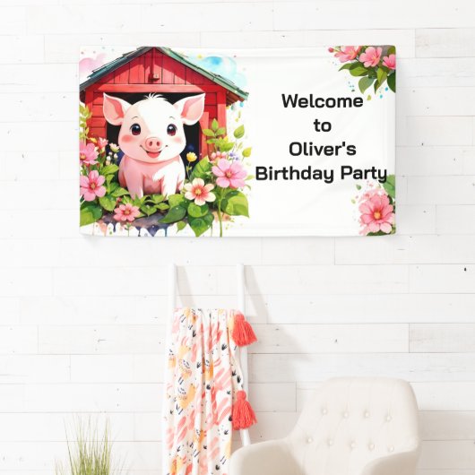 Farmyard Fun Schattige Roze Varken Verjaardagsbann Spandoek (Insitu)