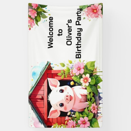Farmyard Fun Schattige Roze Varken Verjaardagsbann Spandoek (Verticaal)