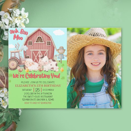 Farmyard Girl Birthday Photo – Cute Barn Animals  Kaart