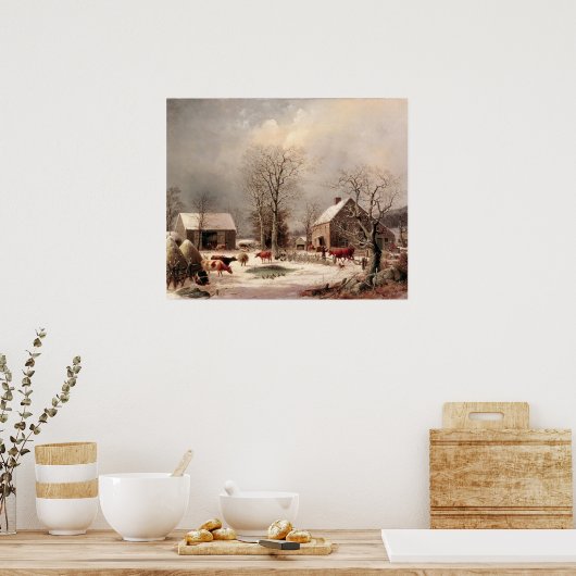 Farmyard in Winter Schilderen door George Durrie Poster (Keuken)