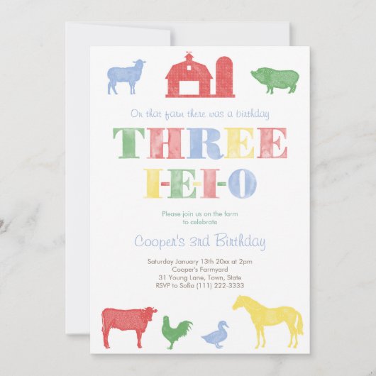 Farmyard Thema Drie I-E-I-O 3e verjaardagsfeestje Kaart (Voorkant)
