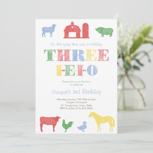 Farmyard Thema Drie I-E-I-O 3e verjaardagsfeestje Kaart (Staand voorkant)
