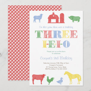 Farmyard Thema Drie I-E-I-O 3e verjaardagsfeestje Kaart