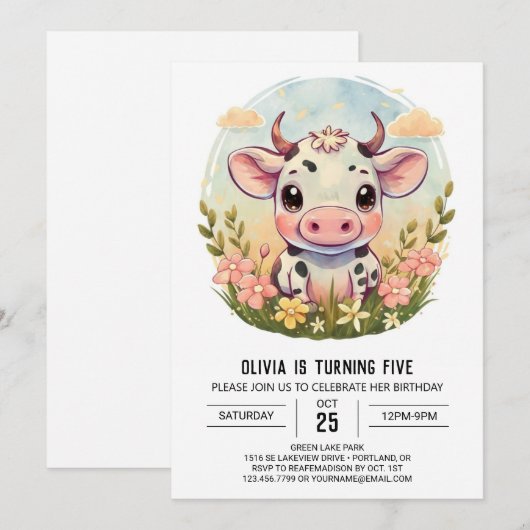 Farmyard Waterverf Elegante Koe Verjaardag Kaart (Voorkant / Achterkant)