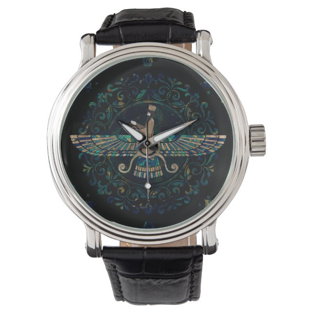Farohar - Faravahar - Fravashi Marmer en Goud Horloge (Voorkant)