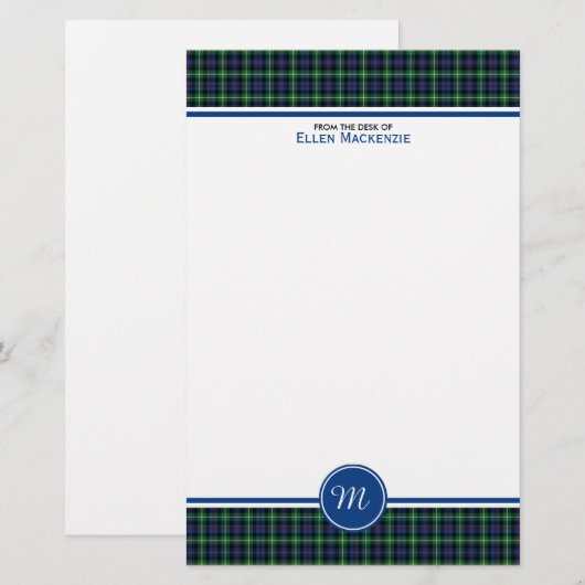 Farquharson Clan Blauw en Groene Tartan Monogram Briefpapier (Voorkant / Achterkant)