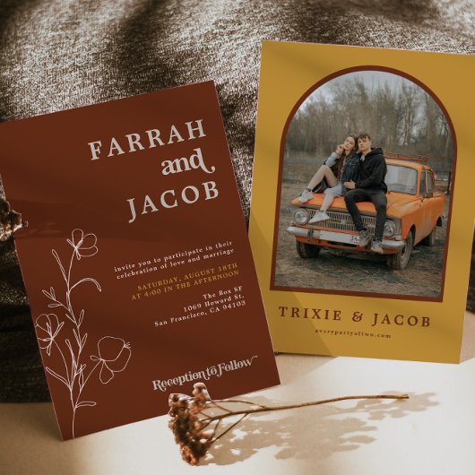 FARRAH Retro 70's Rust Floral Arch Photo Wedding Kaart