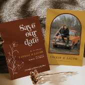 FARRAH Retro 70's Rust Floral Photo Save the Date Kaart