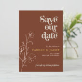 FARRAH Retro 70's Rust Floral Photo Save the Date Kaart (Staand voorkant)
