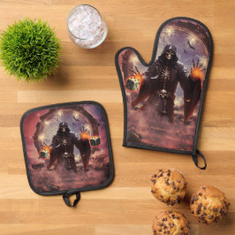 Fascinerend en mystiek scenario van een skelet ovenwant & pannenlap set