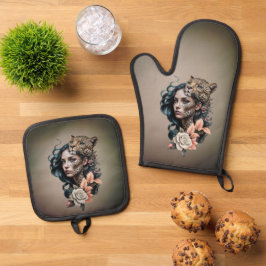 Fascinerend samenspel tussen mens en dier ovenwant & pannenlap set