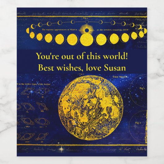  fasen van de maan Saturnus Jupiter Venus Wijn Etiket (Enkel label)