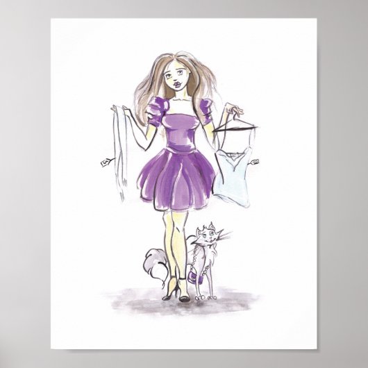 Fashion Illustration Shopping Girl Cat Watercolor Poster (Voorkant)