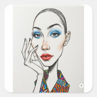Fashion Model Pop Art Portrait Blue Eyeshadow Red Vierkante Sticker