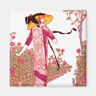 Fashionable Art Deco Lady in een Roos tuin Magneet