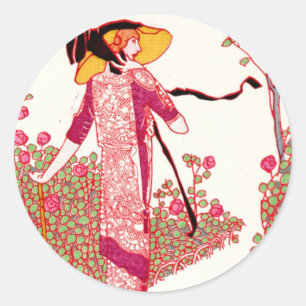 Fashionable Art Deco Lady in een Roos tuin Ronde Sticker