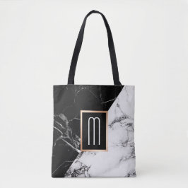 Fashionable Black White Marble Texble Monogram Tote Bag