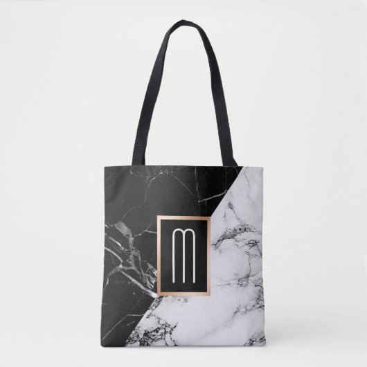 Fashionable Black White Marble Texble Monogram Tote Bag (Voorkant)