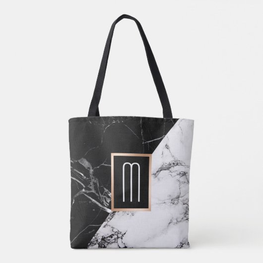 Fashionable Black White Marble Texble Monogram Tote Bag (Achterkant)