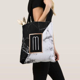 Fashionable Black White Marble Texble Monogram Tote Bag
