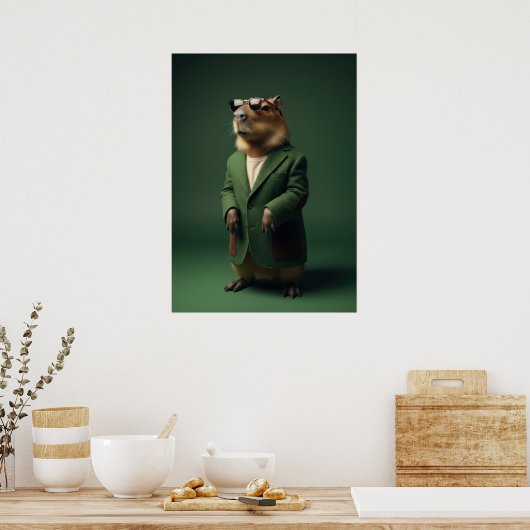 Fashionable Capybara in Green Coat Art Poster (Keuken)