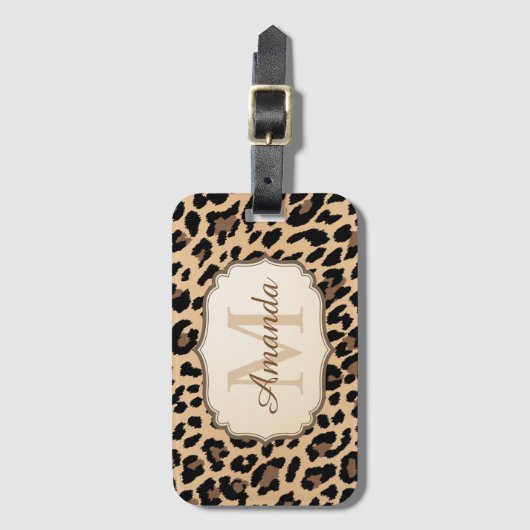 Fashionable Cream Leopard Print Monogram Bagagelabel (Voorkant (verticaal))