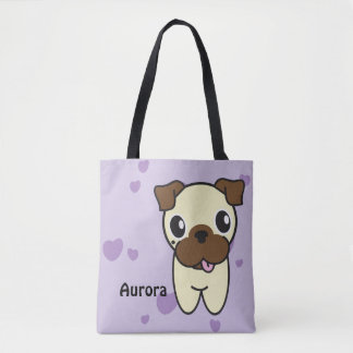 Fashionable Cute Aurora the Pug Paars Heart Tote Bag