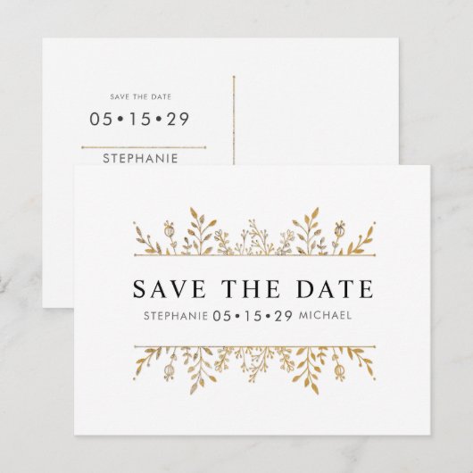 Fashionable Elegant Gold Leaf Chic Save Date Aankondigingskaart (Voorkant / Achterkant)