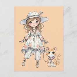 Fashionable girl strolling with her cat briefkaart