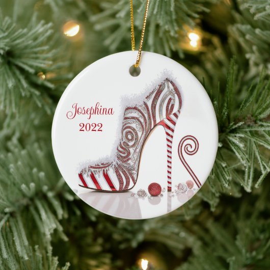 Fashionable kerstStiletto High Hiel Shoe Keramisch Ornament (Boom)