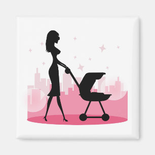 Fashionable Mammie Pushing Baby Carriage Magneet